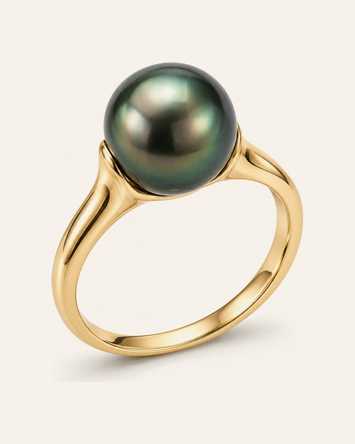Bague AORA en or 18 carats sertie d'une perle de Tahiti ronde aux reflets vert paon